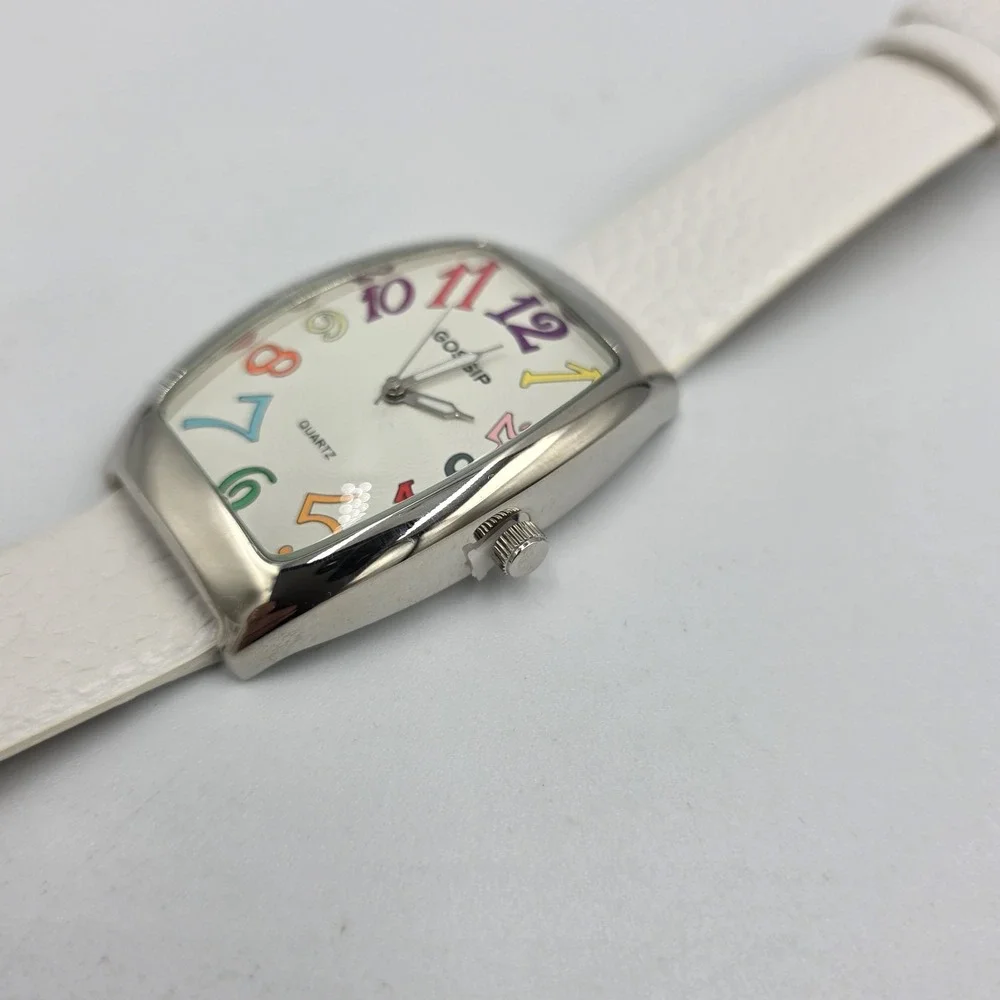 Gossip Watch Womens Quartz Multicolor White Leather Rectangle Silver Tone GSP727